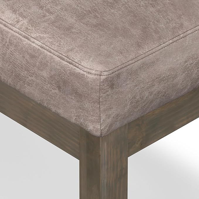 SIMPLIHOME Milltown Small Ottoman Bench - 27 inch Wide Upholstered Vegan Leather Rectangle Footstool Ottoman in Distressed Grey Taupe, Contemporary Bench for Bedroom with Cushioned Seat, Assembled