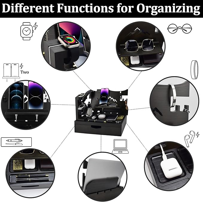 Nightstand Organizer for Men with Large Drawer, Wood Phone Docking Station for Phone, Apple Watch, Wallet & Keys, Ideal Birthday Gift for Father Husband, Bedside Desk Organizer (Black)