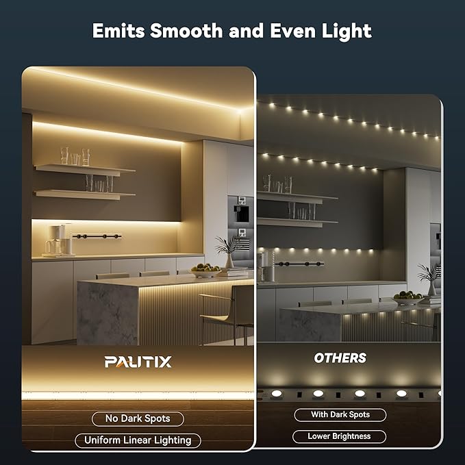 PAUTIX 5mm COB LED Strip Light 16.4ft/5m 3000K Warm White 504 LEDs/m,DC24V Flexible LED Tape for Cabinet Home DIY Lighting Projects(Power Supply&Controller Not Included)