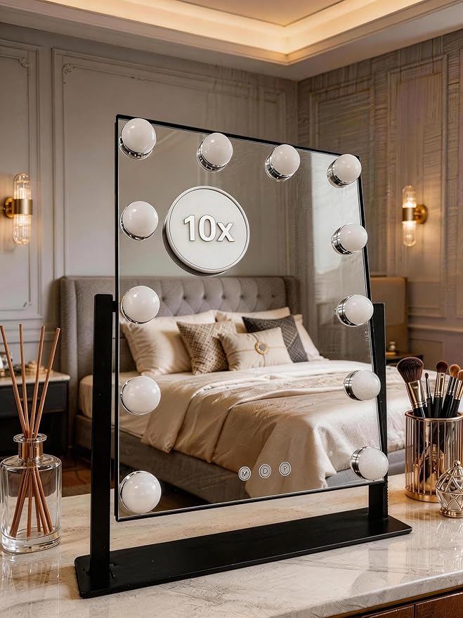 Makeup Vanity Mirror with Lights 17.12"x13.77" LED Makeup Mirror Detachable 10X Magnification, Hollywood Make Up Mirror with Lighting, Smart Touch, Rechargeable,360° Rotation, (Black)