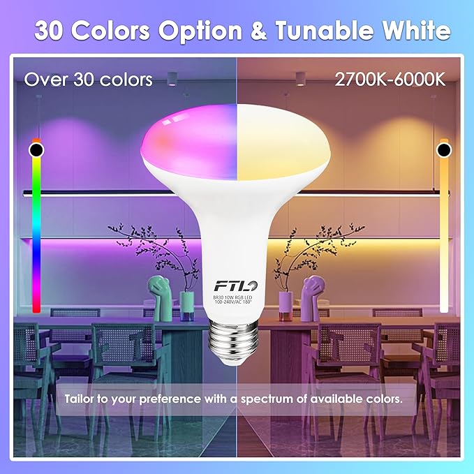 FTL BR30 LED Color Changing Light Bulbs with Remote Control, 10W Dimmable Led Flood Light 65W Equivalent, 2700K-6000K, 30 Colors RGB Colored Light Bulbs, Timer, for Recessed Can Lighting, 6-Pack