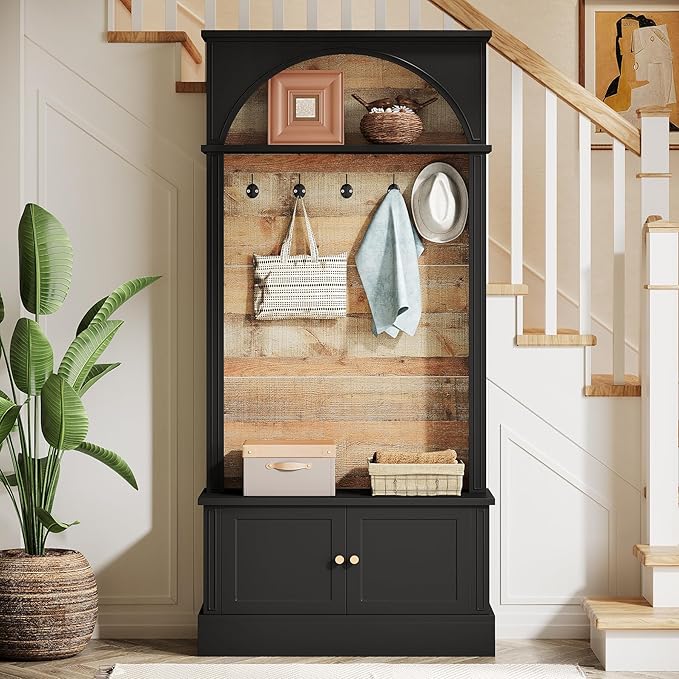 Tribesigns 70.86" Hall Tree with Storage Bench, 4-in-1 Design Entryway Bench with Coat Rack, Farmhouse Hall Tree with 5 Hooks and Adjustable Shoe Storage for Entryway, Hallway(Black＋Brown)