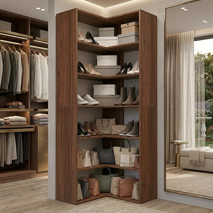 Anystyle 71 Inch Large Corner Shoe Rack for 40+ Pairs, 6-Tier L-Shaped Shoe Storage Cabinet Organizer, Freestanding Wooden Shoe Shelf for Closet, Entryway, Hallway, Brown