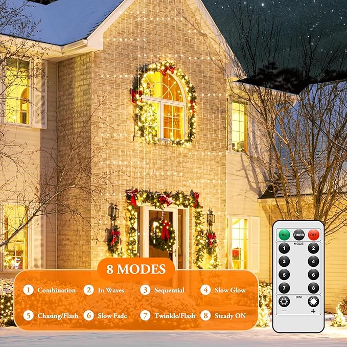 4-Pack 132FT 400LED Fairy Lights Battery Operated with Timer&Remote, Waterproof Twinkle Lights Indoor Outdoor, 8 Modes String Lights for Bedroom Classroom DIY Wedding Decorations,Warm White(33ftx4)