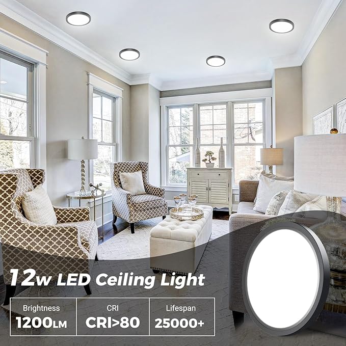 2PACK Flush Mount LED Ceiling Light Fixture - Black, 6.5Inch 12Watt, Dimmable & 3000K-4000K-6500K 3 Color Selectable Ceiling Lamp - 1200LM Low Profile Light for Kitchen, Bedroom, Hallway, Porch