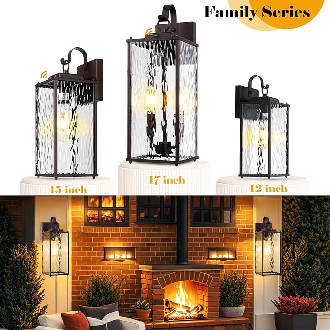 Dusk to Dawn Outdoor Light Fixtures Oil Rubbed Bronze 2-Pack, Water Ripple Glass Vintage Brown Exterior Lantern Lights with Photocell Sensor IP65 Waterproof Coach Carriage Lights, E26