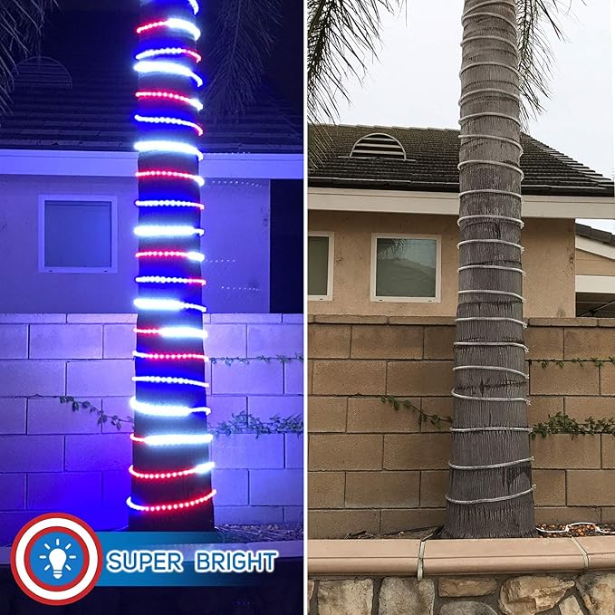 Russell Decor 40ft/12m Led Rope Lights for Patriotic 4th of July Memorial Day Decor Party Outdoor Decorative Lighting Trees Patio Deck Flexible String Tube Lights Blue Red White