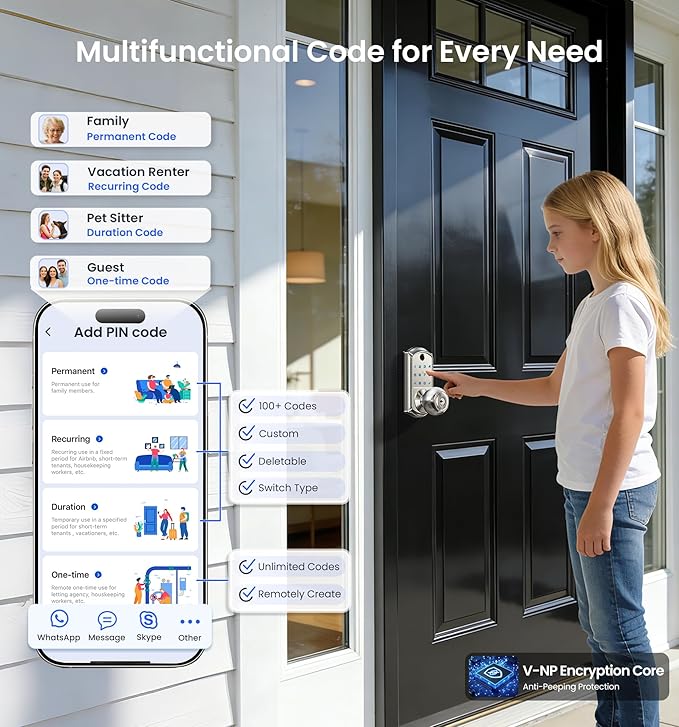 Veise VE018 Smart Knob Handle Lock - Fingerprint, App Control, Keyless Entry for Front Door and Bedroom, Electronic Digital Keypad, Auto Lock, Remote Access Sharing, IP55 Weatherproof, Satin Nickel