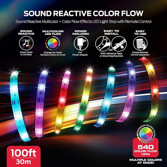 Monster 100ft Sound Reactive LED+IC Strip Lights, RGB Color Changing Music Sync Light Strip with IR Remote Control, Multicolor Ambient Lighting for Bedroom, Gaming Room, TV, Desk & Home Decor