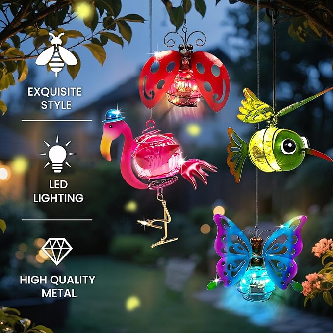 4-in-1 Solar Hanging Lights LED Outdoor Garden Decor Light Waterproof Powered Unique Decorations for Sister Birthday Gardening Gifts for Mom Women Backyard Yard Path Front Porch Balcony