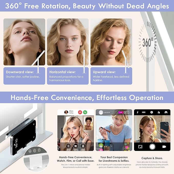 Makeup Mirror with Lights, Vanity Mirror with 3 Lighting Modes, Light Up Mirror, Touch Sensor, AC-Powered, 360 Rotatable, Metal Frame, with Detachable 3.5" 15X Spot Mirro, Gift for Women