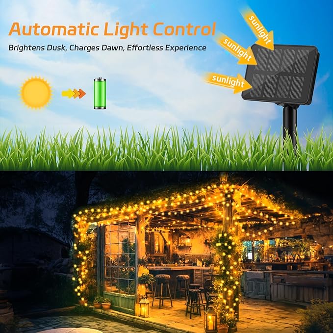 Solar Fairy Lights Outdoor Waterproof,16.4ft 50LED Solar String Lights for Outside 8 Modes 2 Packs for Christmas Halloween Holiday Patio Backyard Garden Deorations Warm White