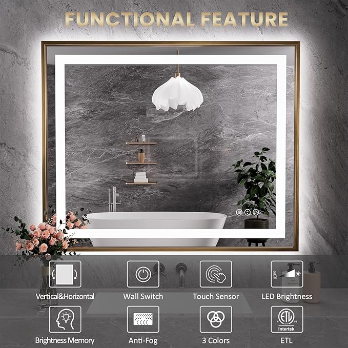 Amorho 55"x 36" LED Bathroom Mirror, Golden Metal Framed Mirror with Front Light and Backlit, Stepless Dimmable, Anti-Fog, Shatter-Proof, Memory, 3 Colors
