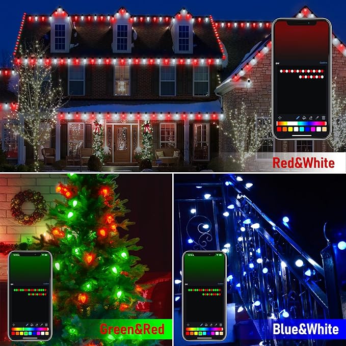 Smart C9 LED Christmas Lights Outdoor, 118 FT 150 LED C9 String Lights App Control 105+ Modes Waterproof Connectable RGB Color Changing Christmas Tree Lights for Outside Roofline Patio Home Xmas Decor