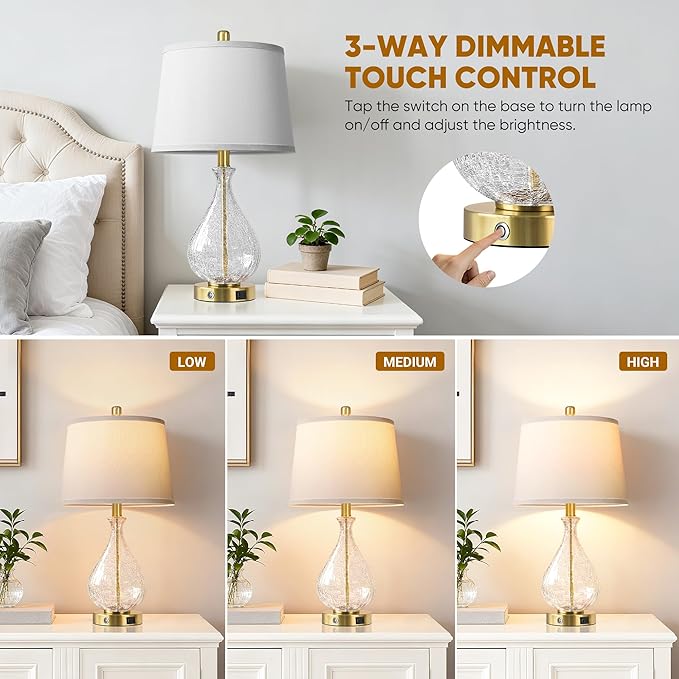 QiMH Glass Table Lamps for Living Room, Bedside Lamps Set of 2 with USB A+C Charging Ports, 3 Way Dimmable Touch Lamps for Nightstand, 22.5" Modern Table Lamp for Bedroom Office,Gold(Bulb Included)