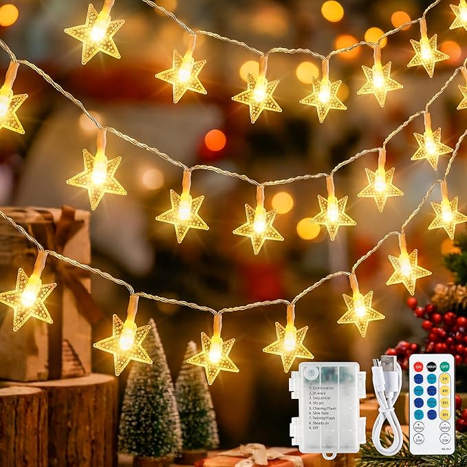 Star String Lights Battery&USB Powered,16.4FT 50LED Star Fairy Lights with Remote, Hanging Star Lights for Home, Kids Tent, Bedroom,Porch, Classroom, Christmas,Party,Room Decor,Warm White