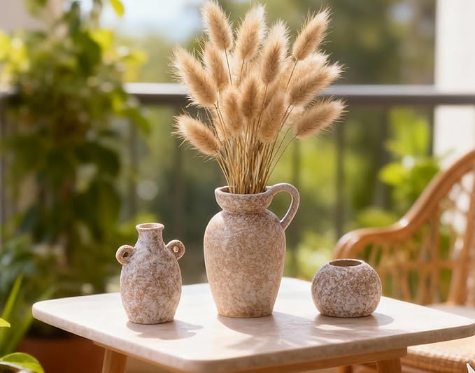 Stone Vase Home Table Decor, Beige Ceramic Stone Modern Rustic Farmhouse Vase Set of 3 Centerpiece for Shelf Bedroom Bathroom Desk
