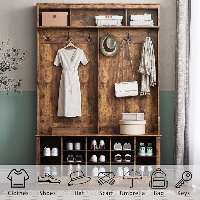 Hall Tree with Bench and Shoe Storage, 53" Farmhouse 4-in-1 Mudroom Storage Organizer with Coat Rack, 6 Hooks, 12 Shoe Cubbies, Adjustable Shelf, for Entryway, Hallway, Living Room, Brown