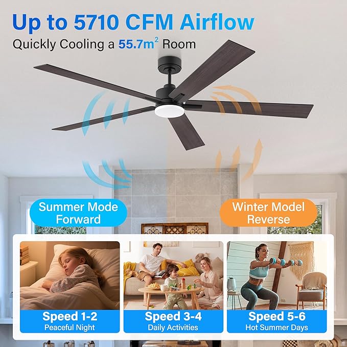 72” Large Smart Ceiling Fan with Lights Remote,Silent DC Motor,Control via WIFI Alexa Google App,Outdoor Indoor Modern Ceiling Fans for Living Room Kitchen Patio,Dimmable,5 Blades in Black&Walnut