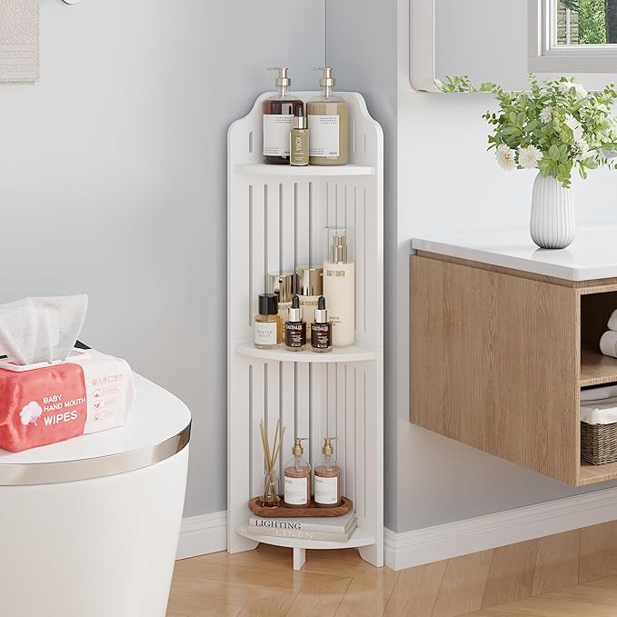 VECELO 3-Tier Bathroom Shelves for Narrow Space, Modern Corner Shelf Stand,Small Storage Organizer for Bathroom,Toilet Paper Stand,White