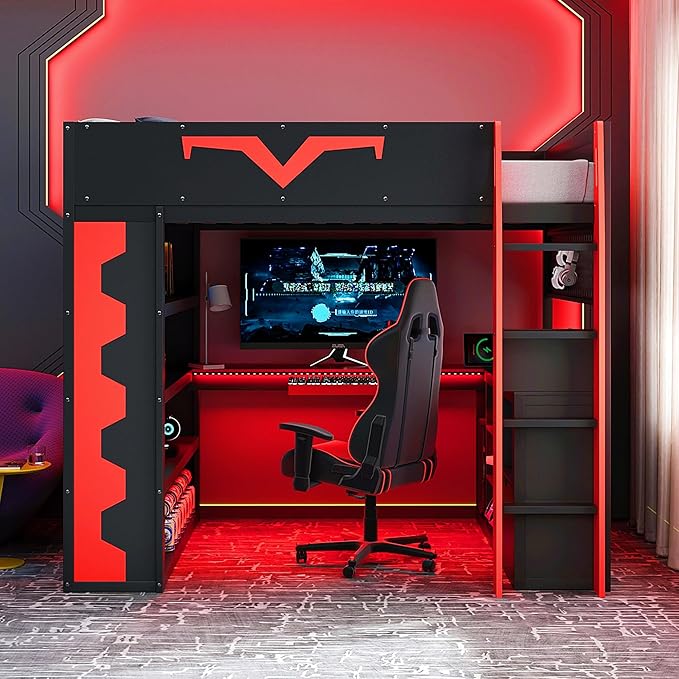 Full Size Gaming Loft Bed with Integrated Desk & RGB LED Lights,Bunk Bed with Power Outlet, Large Bookshelf, Pegboard, Keyboard Tray & Drawer (Red-Bo, Full)