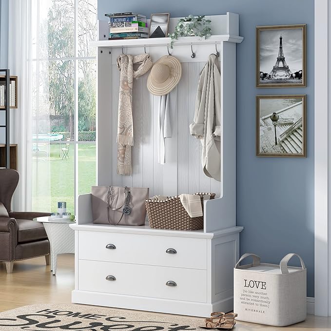 RUNNA Wooden 38.5" Wide Hall Tree with Coat Rack and 2 Large Drawers,Bench,5 Metal Hooks and Handles,For Livingroom Hallway Entryway Use (White@Drawers)