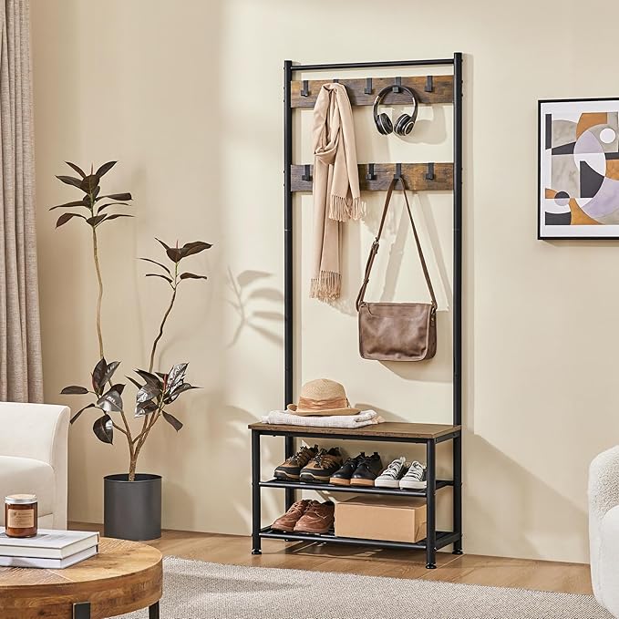 Yaheetech Coat Rack, 3-in-1 Hall Tree with Bench and Shoe Storage, Freestanding Entryway Bench with Coat Rack, Industrial Entryway Shoe Storage with 9 Hooks and 3 Shelves, Easy Assembly, Rustic Brown
