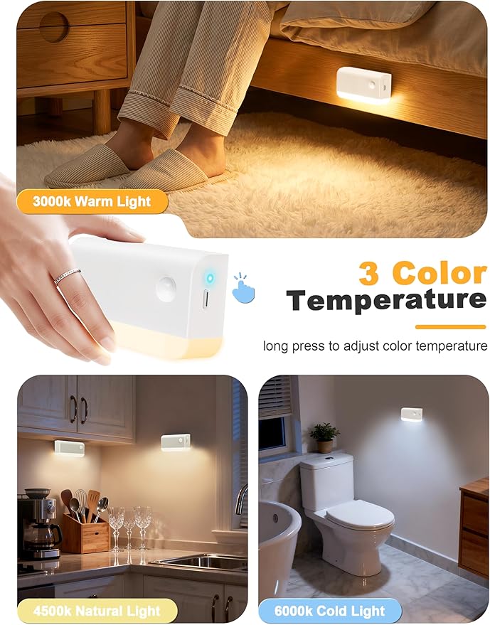 NIORSUN Motion Sensor Stair Lights Indoor, 8 Pack Rechargeable Wireless Step Lights with 3 Color Temperatures, 1200mAh Battery, Magnetic Base for Hallway, Closet, Bathroom, White