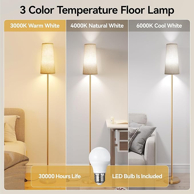 SUNMORY Floor Lamps for Living Room/Bedroom/Office, Standing Lamp with LED Bulb, 3 Color Temperature Tall Lamp, Suitable for Modern/Boho/Farmhouse and Other Home Decor Styles