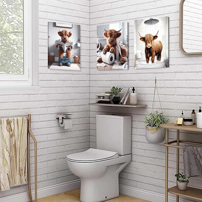 Funny Highland Cow Wall Art,Western Bathroom Decor Wall Art,Funny Bathroom Artwork Ready to Hang for Bedroom Restroom Toilet,12x16inchx3pcs,Framed