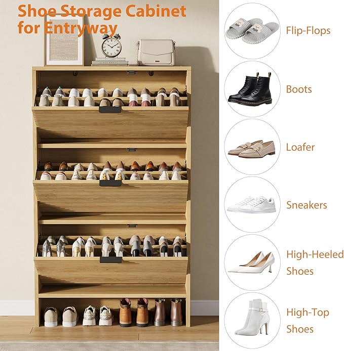 Garvee Shoe Storage Cabinet for Entryway, Fluted Shoe Cabinet with 3 Flip Drawers Doors, 32" Wide Hidden Shoe Rack Tall Freestanding Shoe Organizer for Entrance, Hallway, Living Room, Natural