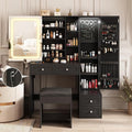 Makeup Vanity Desk with LED Lighted Sliding Mirror, Vanity Table with Jewelry Cabinet and 4 Drawers, Charging Station & Lots Storage Shelves, Adjustable Brightness, Dressing Table Cushioned Stool Set