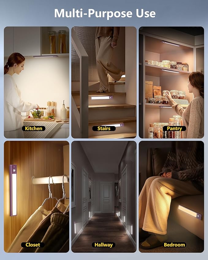 OTWKAY 10.5inch Under Cabinet Lighting with 3 Color Temps, 2 Pack Rechargeable Motion Sensor Lights Indoor, Dimmable Under Counter Lights for Kitchen, Closet