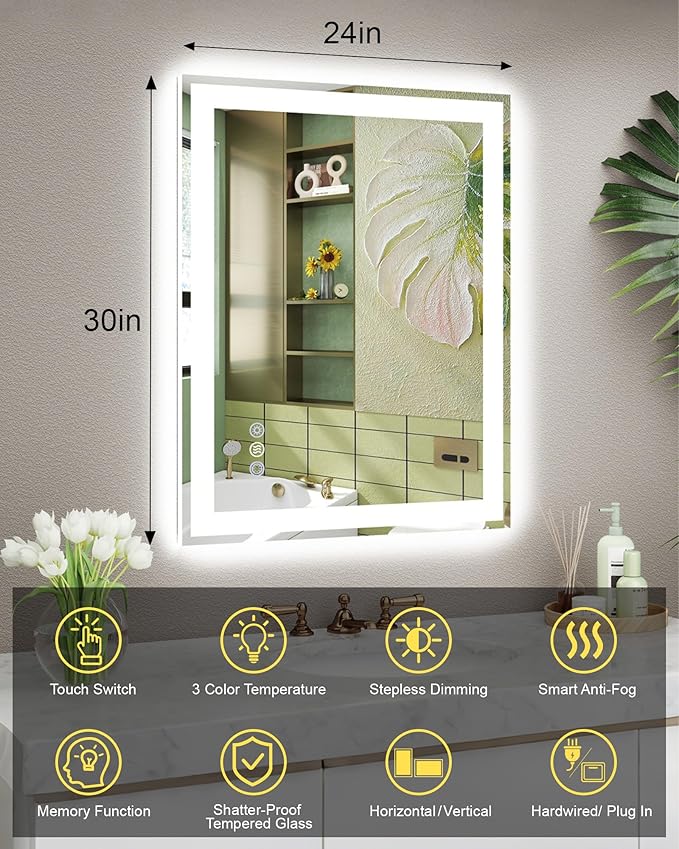 24x30 LED Bathroom Mirror with Lights, Super Bright Front & Backlit Vanity Mirror for Wall, Anti-Fog & Memory Smart Mirror, 5mm Shatter-Proof Tempered Glass, ETL Listed, Vertical/Horizontal