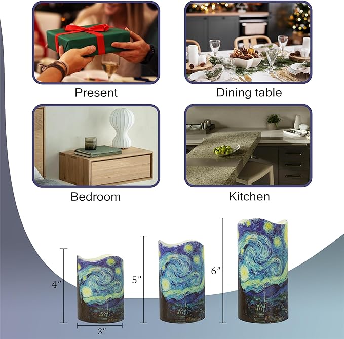 Remote Flameless Candles 4" 5" 6" - Set of 3 Van Gogh Starry Night Design LED Pillar Candles Battery Operated with Timer for Home Decor Indoor Outdoor,PLT3P-StaNit