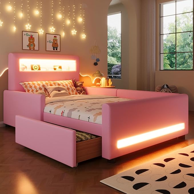 MERITLINE Twin Size Upholstered Platform Bed with Drawer, App-Controlled RGB LED Light Strip & USB Port, PU Fabric Storage Bed (Pink) | LED light, Storage Drawer