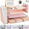 gianotter Desk Organizers and Accessories with File Holder, 4-Tier Desk Accessories & Workspace Organizers with Drawer and 2 Pen Holder, Paper Organizer for Office Supplies (Rose Gold)