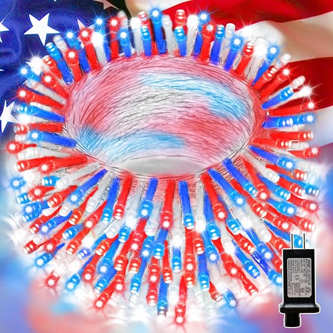 LAMPHOME 99ft 300LED Red White and Blue Patriotic String Lights, 16 Modes Red White Blue LED Lights Plug in, 4th of July Lights Outdoor for Independence Day Memorial Day Patriotic Window Decor