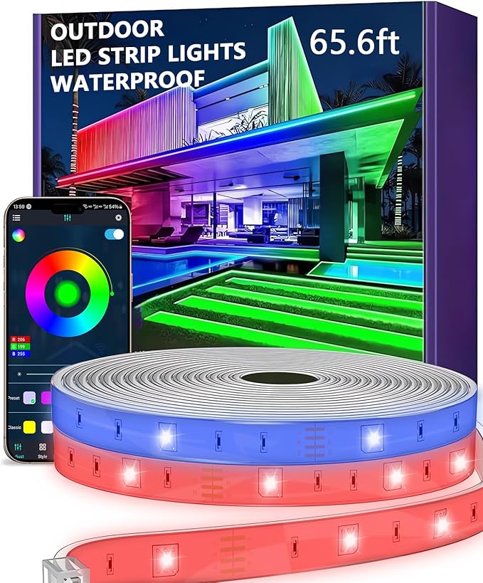 Outdoor LED Strip Lights, 66 ft, Smart IP67 Waterproof RGB Lights 20m with Music Sync and App Control, Wall-Mountable, for Balcony, Garden, Bedroom, Christmas, Halloween (No Remote Control)