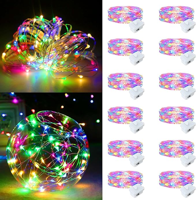 12Pack Fairy Lights Battery Operated, 7ft 20 LED 3 Modes Speed Twinkle Mini String Lights Waterproof Silver Wire Firefly Starry Lights for Mason Jars Wedding Party Christmas Easter Decorations