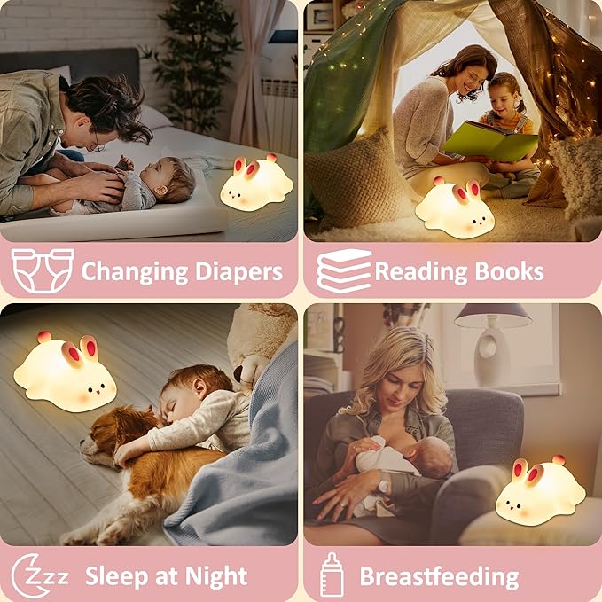 Attivolife Cute Bunny Nursery Light, Easter Rabbit Squishy Silicone Touch Night Lamp Rechargeable, Kawaii Animal Toddler Room Decor Table Lamp, Child Girl Women Birthday Gift