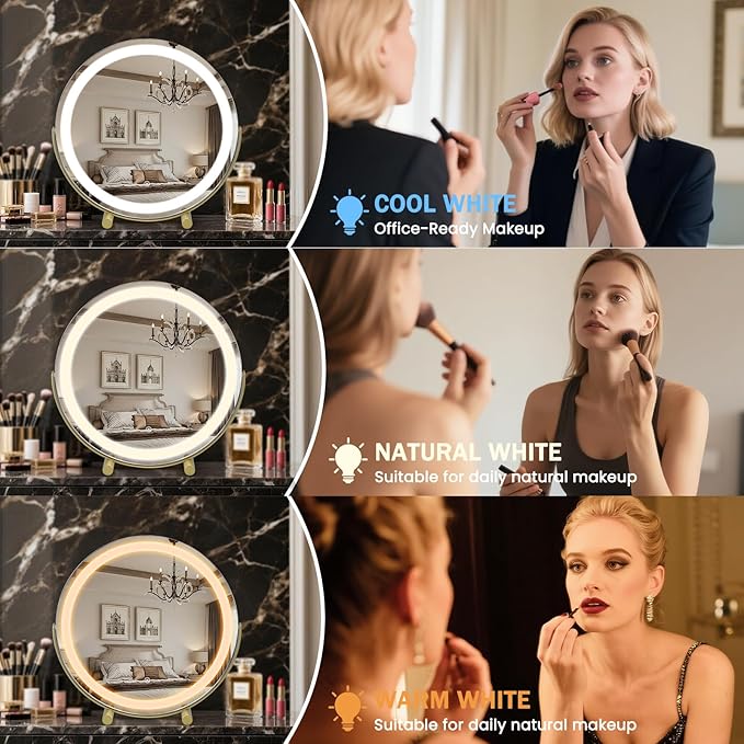 Vanity Mirror with Lights, 18" LED Makeup Mirror, HD Professional Mirror, Smart Touch with 3-Color Lighting, Dimmable, 360° Rotation, Lighted Up for Makeup Desk, Bedroom (Gold)