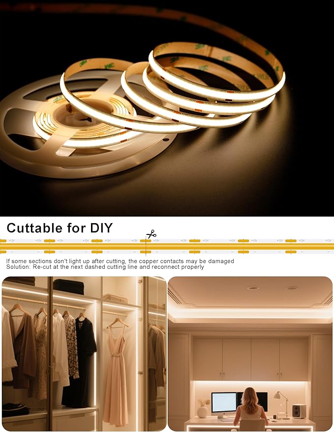Warm White 2700K Smart COB LED Strip Light 16.4ft with Radar Motion Sensor, WiFi APP Control Dimmable Flexible LED Tape Light Timed for Google Home Alexa for Cabinets,Home&Office DIY Lighting