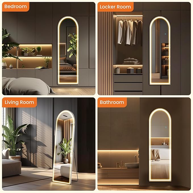 Sweetcrispy Arched Full Length Mirror with LED Lights, 61"x17" Lighted Floor Mirror with Dimming & 3 Color Lighting, Stand for Bedroom, Dressing Room