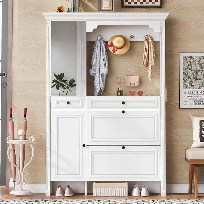 Merax Hall Tree with Shoe Storage, Entryway Coat Rack with 4 Hooks, 2 Flip Drawers, and 2 Cabinets, Modern Hall Trees for Hallway, Living Room,White