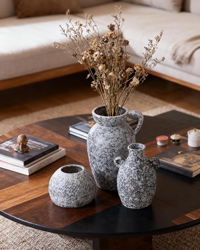 Stone Vase Home Table Decor, Black Ceramic Modern Rustic Farmhouse Vase Set of 3 Centerpiece for Shelf Bedroom Bathroom Desk