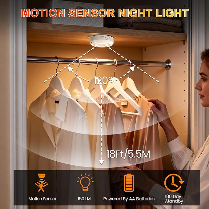 YiaMia Motion Sensor Night Light - 3 Pack, Smart Wireless Closet Lights, 3 Light Colors + Dimming, 3 × AA Battery Operated Indoor Stair Light Suitable for Kitchen, Wardrobe and Hallway