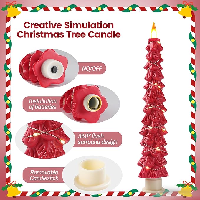 Christmas Tree Candles Surrounded by Fairy Lights, LED flameless Candle Lights with Remote Control Timing Function. red
