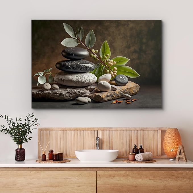 wall26 Canvas Print Wall Art Zen Massage Stone Pebble Bamboo Leaf Nature Wilderness Photography Realism Modern Art Decorative Multicolor Rustic Minimal Relax/Calm/Cozy Colorful for Bedroom - 32"x48"