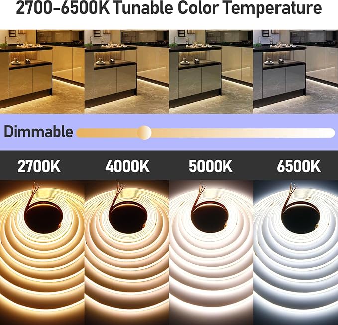 GOMING CCT COB LED Strip Light 24V 32.8ft(10M) 2700K-6500K Tunable White with 24V 100W Power Supply and Controller 576LEDs/M CRI 93+ Flexible IP20 Not Waterproof LED Tape Lights for Home Decor